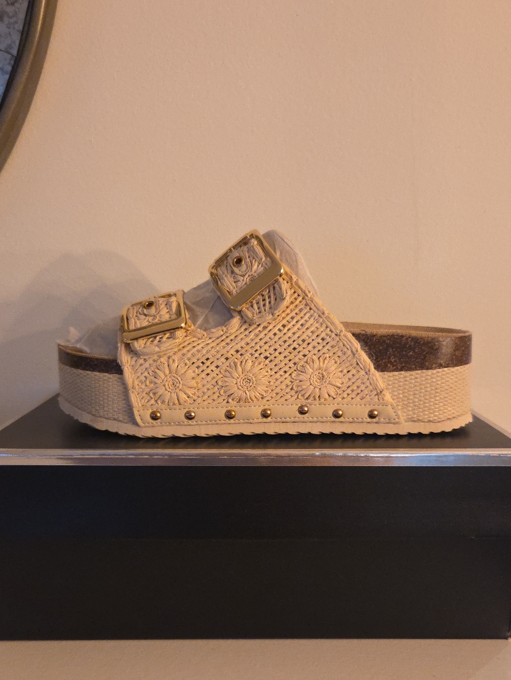 Crochet Platform Sandals with Gold Buckles